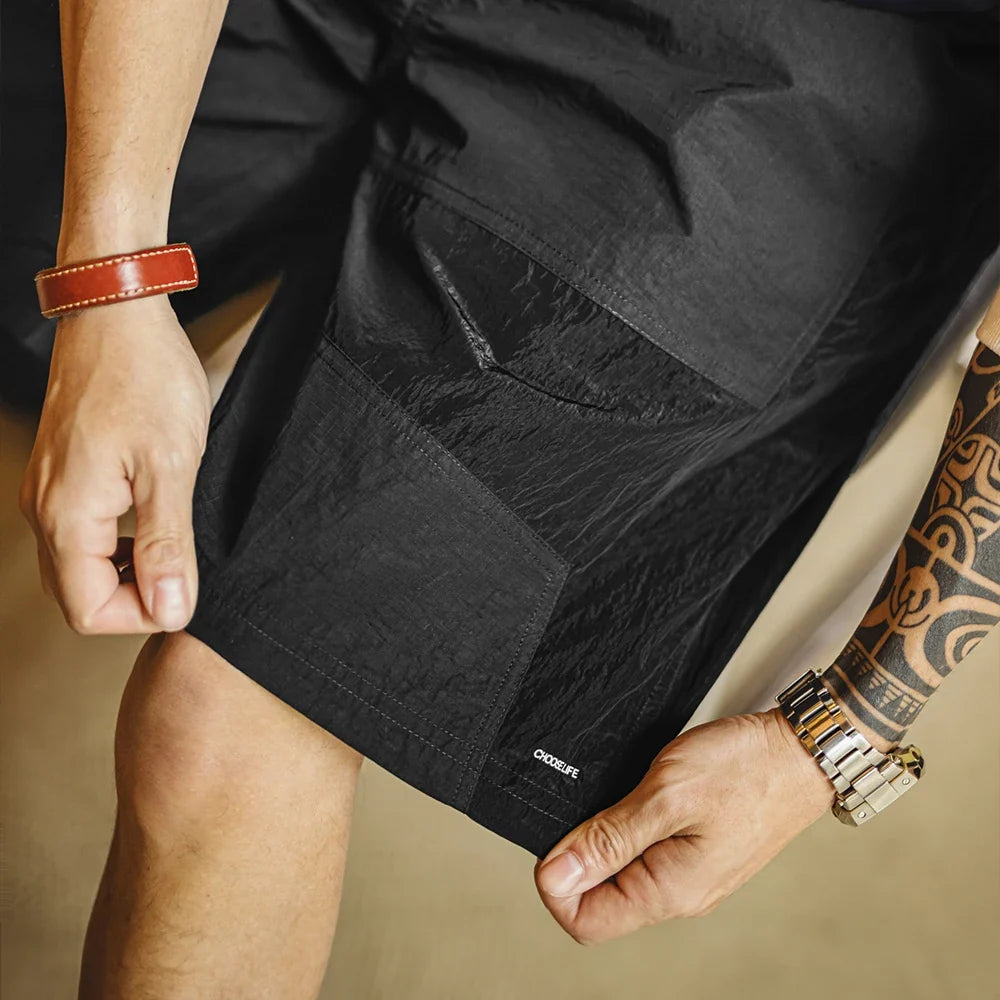 Outdoor Patchwork Black Shorts Men's Lightweight Quick-Dry Breathable Shorts with Elastic Waist Straight Leg Sport Pants