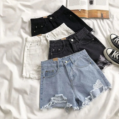 Korean Denim Holes Shorts For Women  Fashion High WaistWide Leg Short Jeans Female Designer Casual Street Short 2025 New Trend
