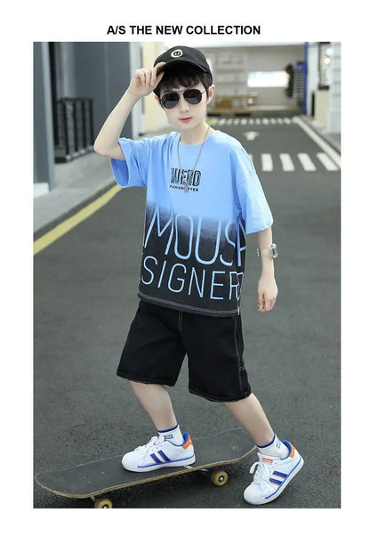 Summer Boys Cotton Contrast Alphabet t-Shirt Tops+Denim Shorts Pant School Kids Tracksuit Child 2PCS Outfit Workout Set 5-16 Yrs