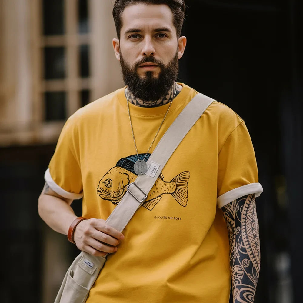 Vintage Flocked Print Short-sleeved T-shirts Animal Pattern Cotton Round Neck Tops for Men's Summer Casual Loose Fit Tee