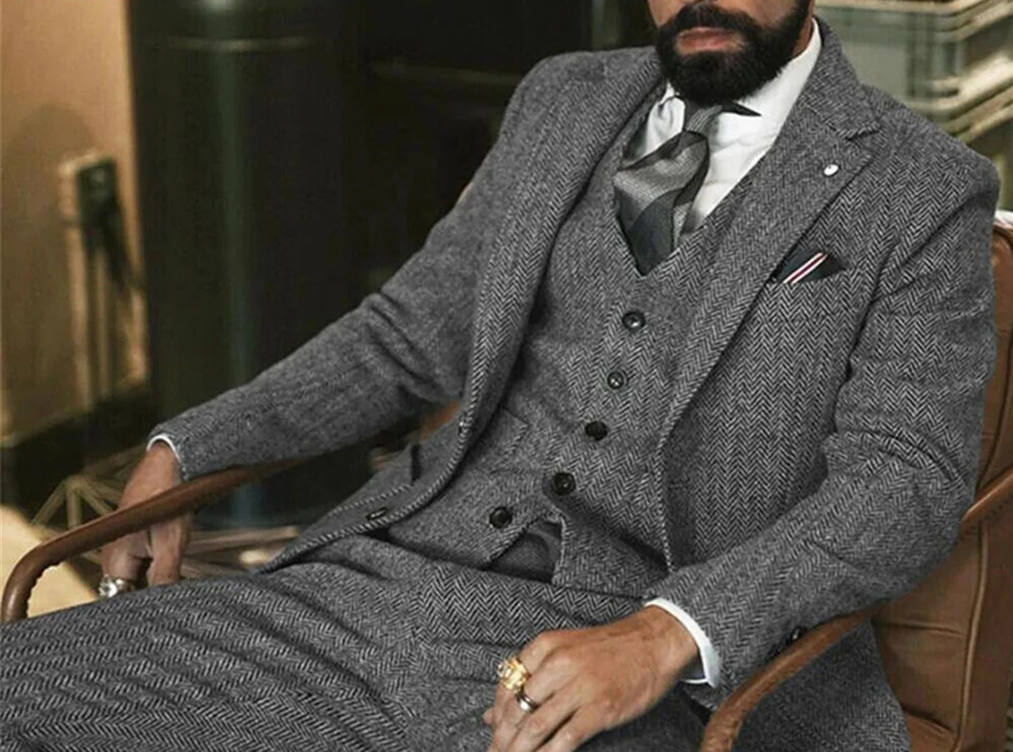 Gray Wool Tweed Winter Suit for Men Herringbone Slim Fit Formal Groom Tuxedo 3 Piece Wedding Male Suits (Jacket+Vest+Pants)