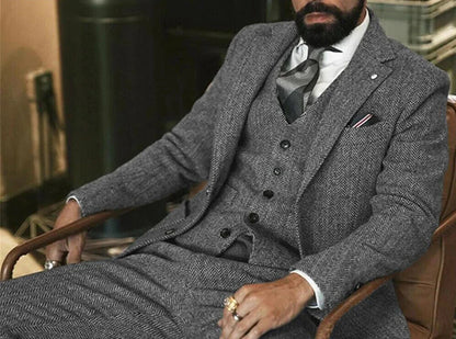 Gray Wool Tweed Winter Suit for Men Herringbone Slim Fit Formal Groom Tuxedo 3 Piece Wedding Male Suits (Jacket+Vest+Pants)