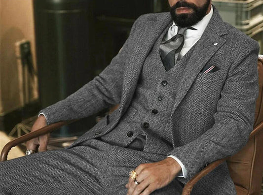Gray Wool Tweed Winter Suit for Men Herringbone Slim Fit Formal Groom Tuxedo 3 Piece Wedding Male Suits (Jacket+Vest+Pants)