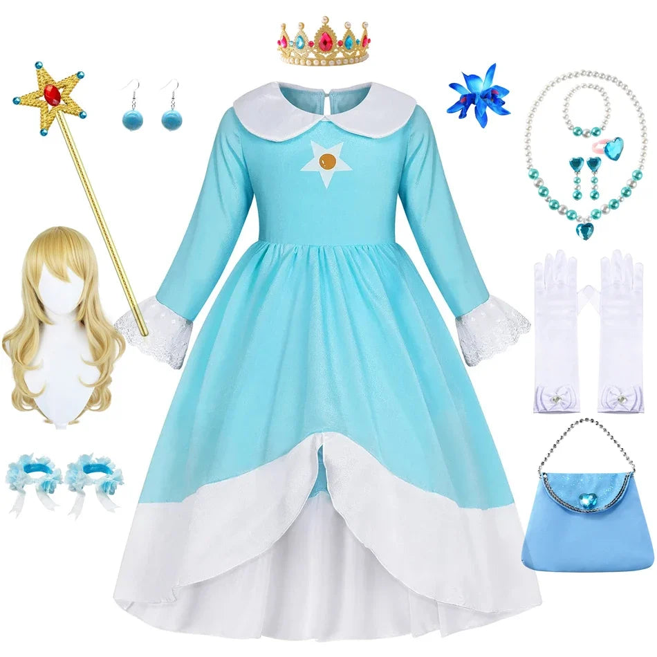Rosalina Dress Girls Peach Children Halloween Costume Game Role Play Princess Dress Long Sleeve