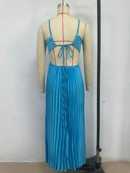 2025 New Women's Fashionable and Elegant Summer Camisole Beach Vacation Long Dress Elegant Backless Pleated Long Dress