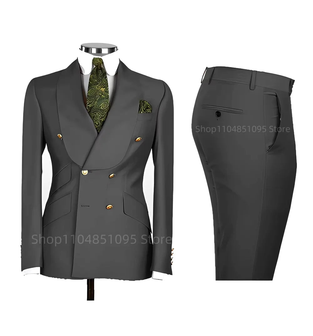 Smart Casual Solid 2 PCS Men Suits Formal Groom Tuxedos Shawl Lapel Double Breasted Jacket Pants Business/Wedding Suits Set