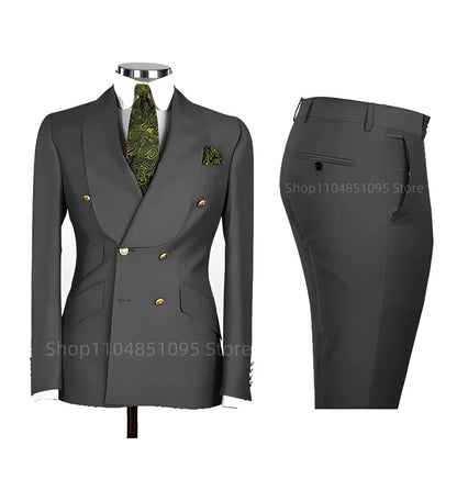 Smart Casual Solid 2 PCS Men Suits Formal Groom Tuxedos Shawl Lapel Double Breasted Jacket Pants Business/Wedding Suits Set