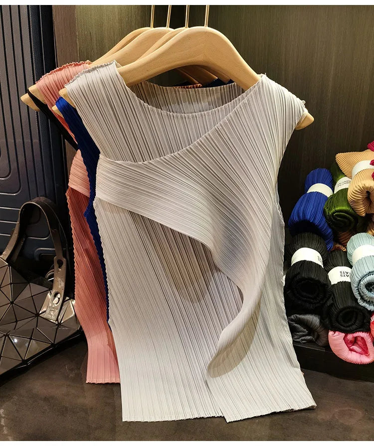 Sleeveless T-shirt Miyake Pleated Summer New Round Neck Slim Thin Versatile Irregular Women's Undershirt Tops Multiple Ways Wear