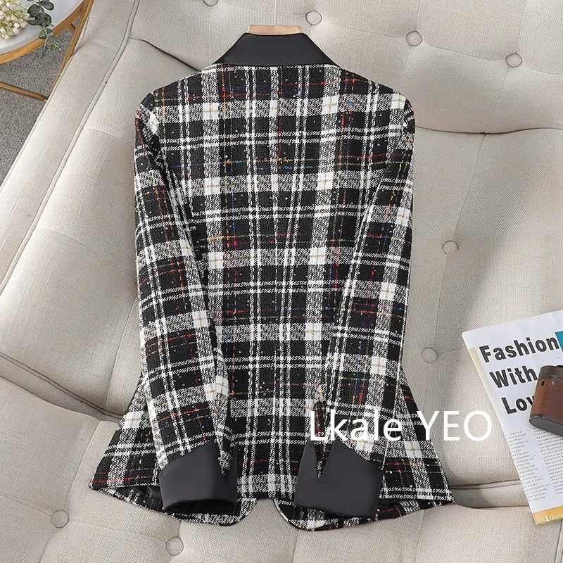 Spring Autumn Women's Blazer Jacket 2025 Casual Korean Version Ladies Suit Coat Long Sleeve Plaid Tweed Fashion Lady Outerwear