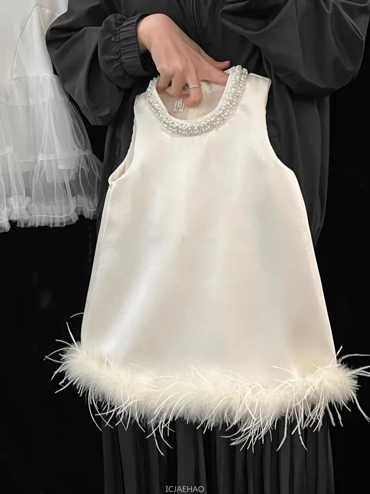 Girls Satin Feather Princess White Dress Clothes Baby Kids Birthday Party Gown Kids Formal Outfit Children Summer Costumes