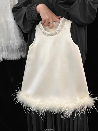 Girls Satin Feather Princess White Dress Clothes Baby Kids Birthday Party Gown Kids Formal Outfit Children Summer Costumes
