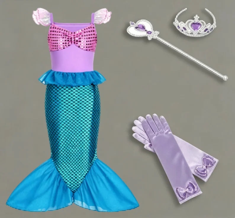 2025 Girls Mermaid Dress Princess Cosplay Party Costumes Summer Purple Elegant Flying Sleeve Fancy Dresses For 2-10Y Kids