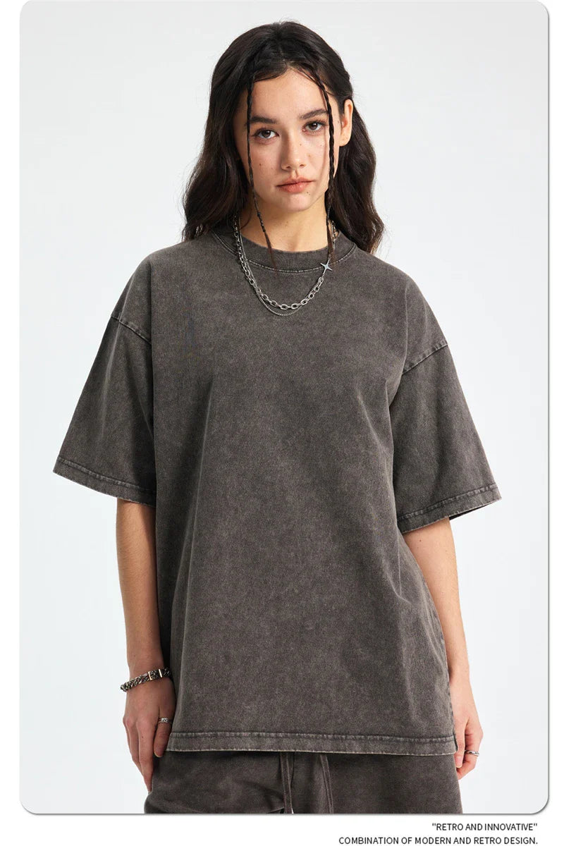 2025 High Street Summer Washed Cotton T-Shirt Tees For Men Unisex Loose Retro Solid T Shirts Brand Tops HY0113