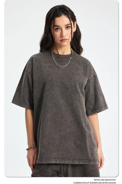 2025 High Street Summer Washed Cotton T-Shirt Tees For Men Unisex Loose Retro Solid T Shirts Brand Tops HY0113