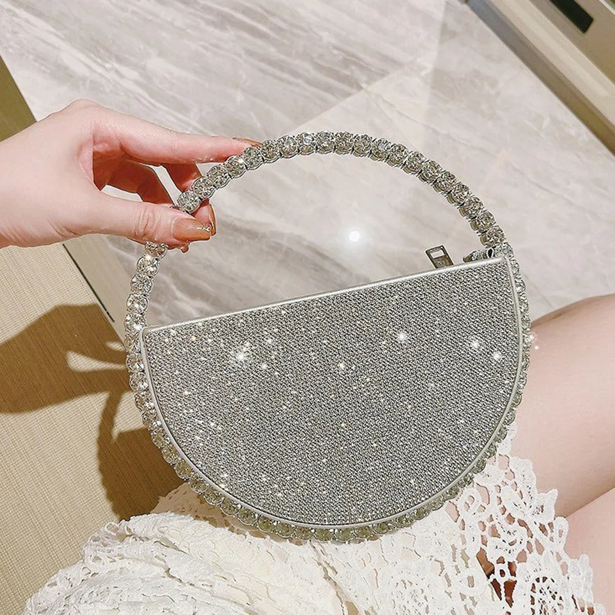 New niche round set diamond shaped handbag, socialite rhinestone banquet bag, French dress evening bag, crossbody dinner bag