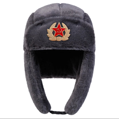 Unisex Five-pointed Star Label Lei Feng Hat Winter Earflap Hat Keep Warm Ski Hat Bomber Hat for Outdoor Riding Snow Activities