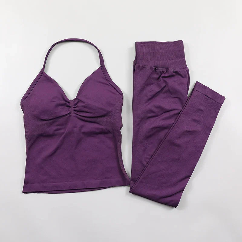 Yoga Longline Strappy Top Leggings Set Women's Backless Camisole Built-In bra Vest High-Waisted Hip Lift Gym Shorts Sports Set