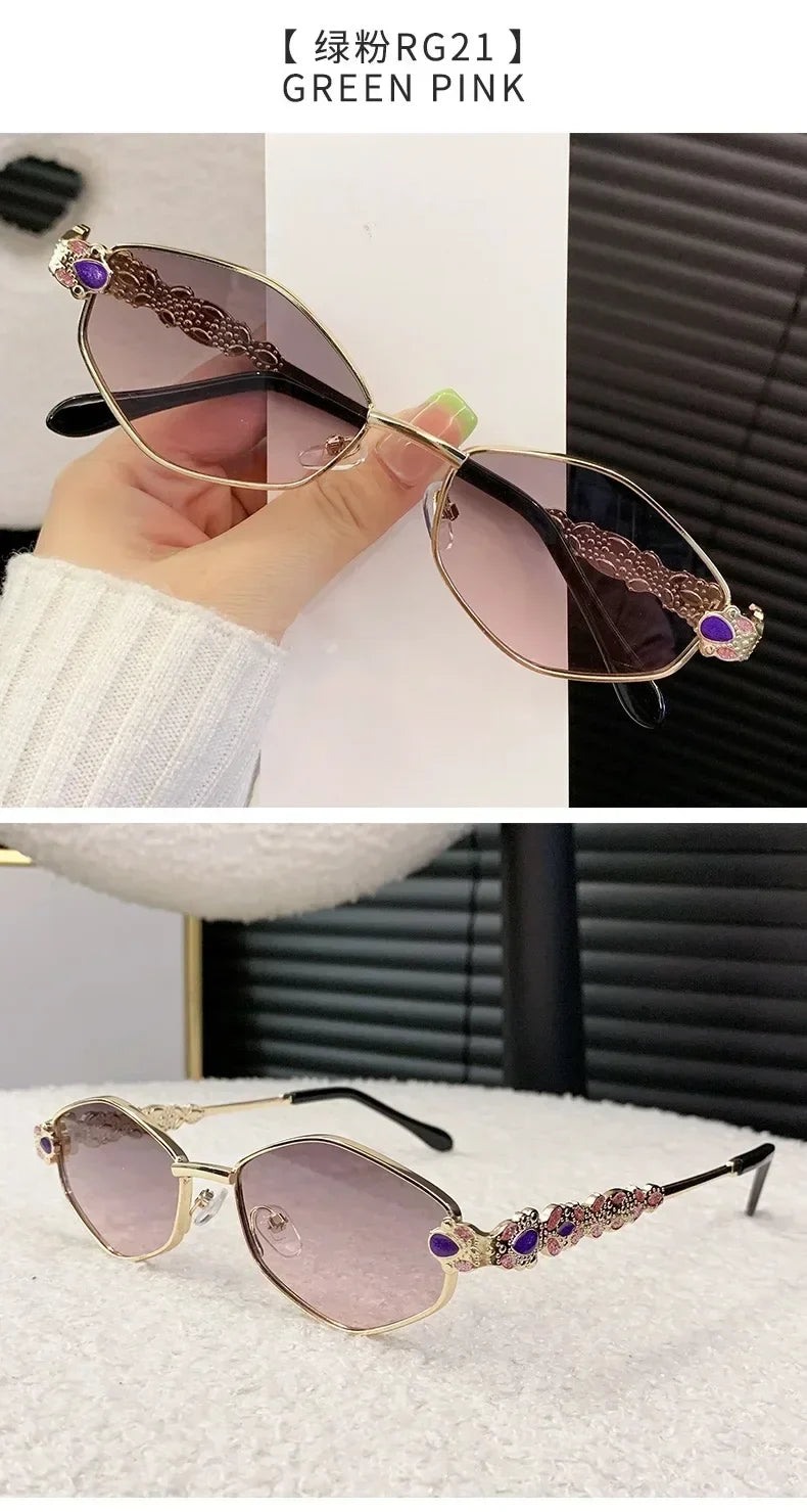 Retro Geometric Polygon Metal Frame Sunglasses with Colorful Enamel Temple Arms UV400 Trendy Women's Fashion Shades Gafas De Sol