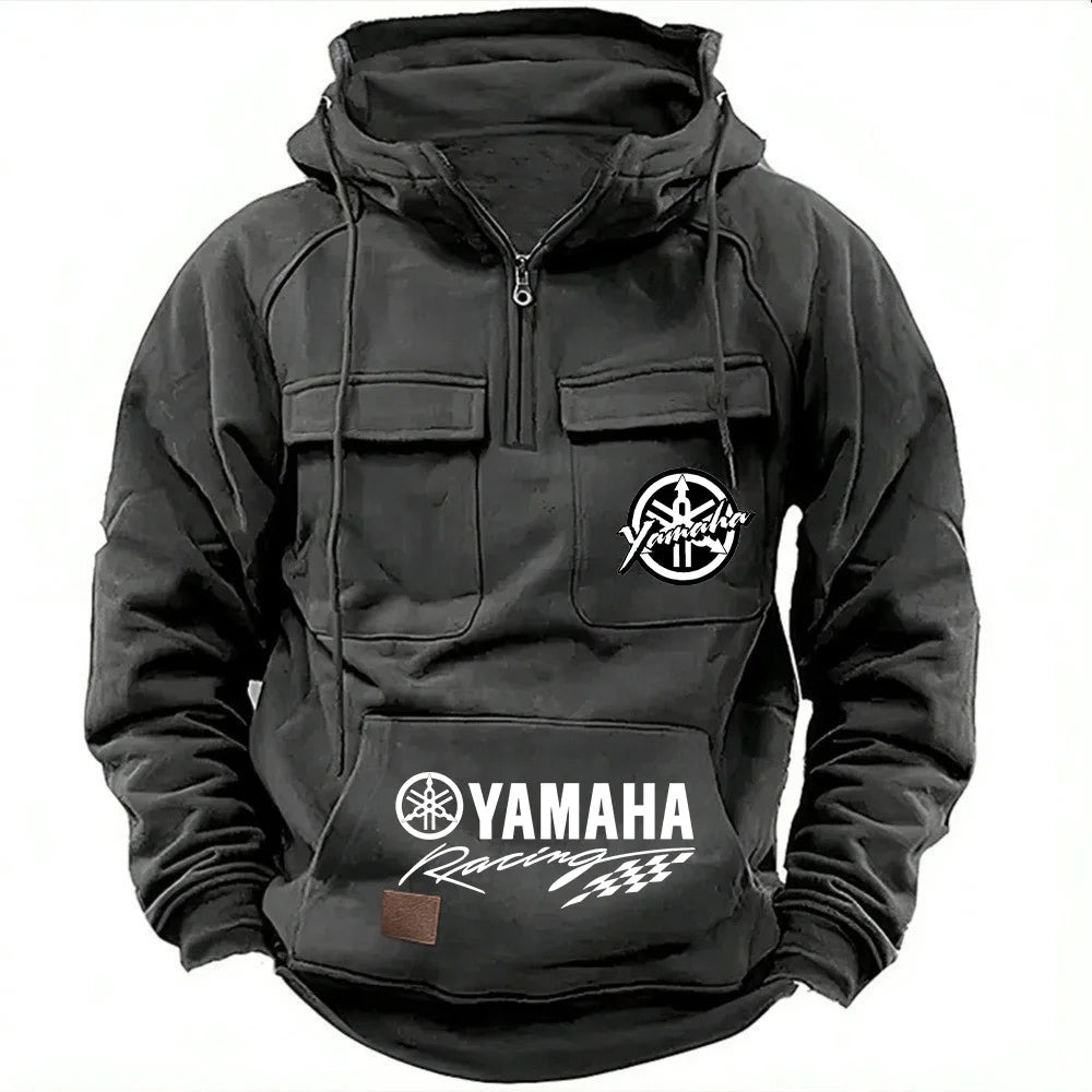 logo motorcycle racing competition 2026 new men's multi pocket zipper outdoor sports hooded sweatshirt