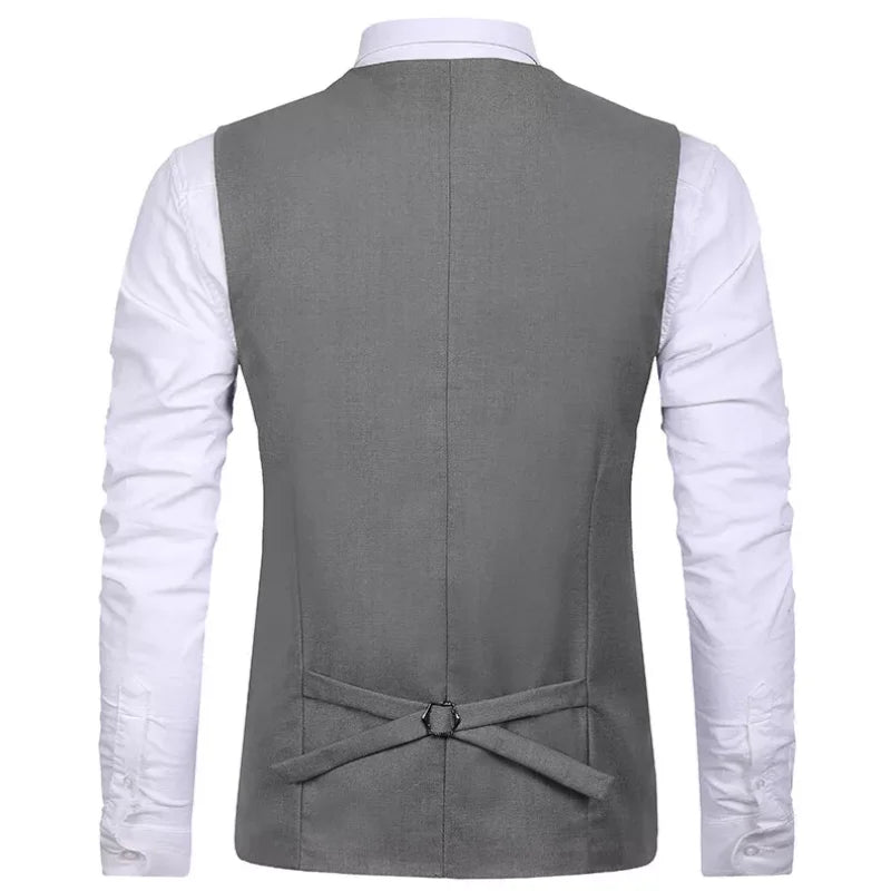 Men Vest Gray Double Breasted Casual Business Waistcoat Jacket Formal Slim For Groosmen Wedding Banquet Suit