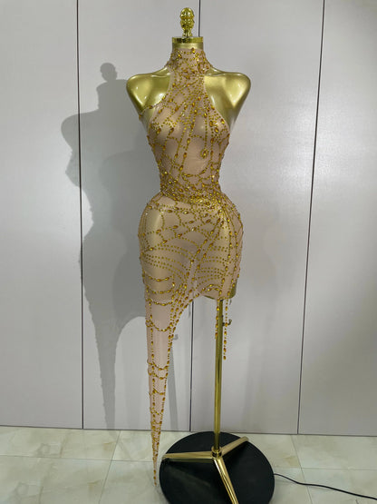 STOCK Sparkly Diamond Sexy Mesh Asymmetric Bodycon Mini Dress Women Nightclub Bar Party Show Gogo Dancer Clothing Stage Costume