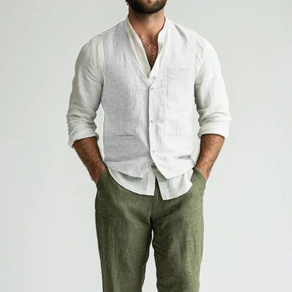 Linen Man Vest Solid Color Elegant for Men's Suit V-Neck Lightweight Casual Style Single-Breasted V-Neck Classic Sleeveless
