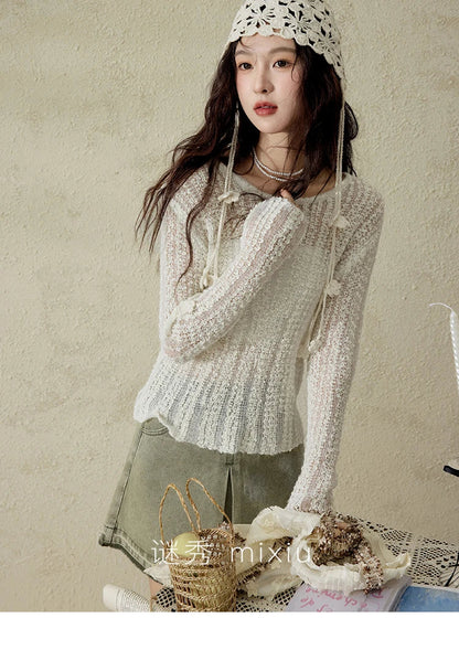 Women 's Apricot White Hollow Knitted Sweater Spring 2025 Mohair Cover Drop Sleeve Top Strapless Slim Tube Top MXE12Z1120