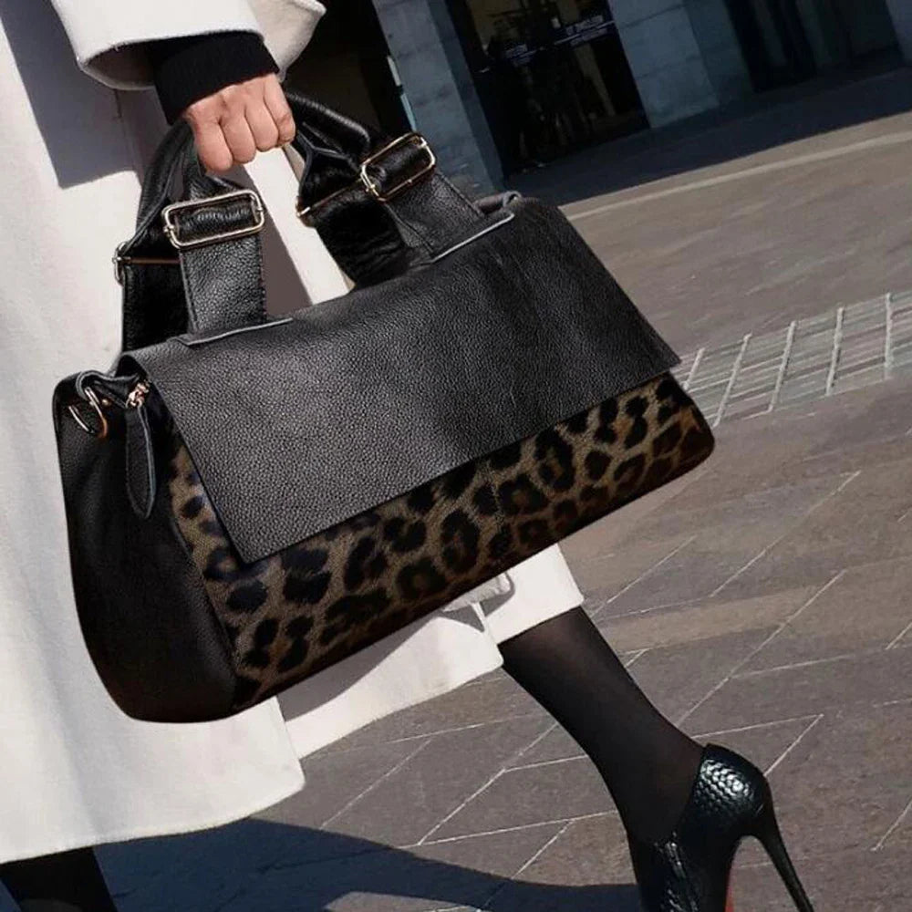 Genuine Leather Tote Handbags for Women, Leopard Shaped Cow Skin Office Bag with Long Strap, Luxury Crossbody Shoulder Bags
