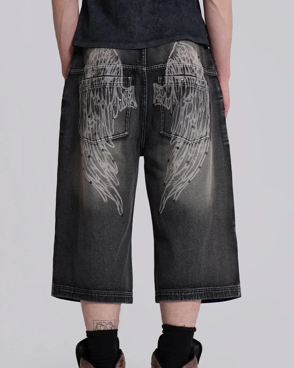 Cowboy shorts with rivet design and street wing pattern fashionable high waisted wide leg pants for Y2K knee length pants