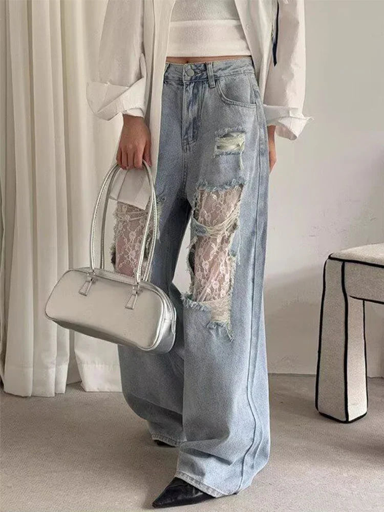 2026 Women's Y2K American Style High Waist Lace Spliced Denim Pants Loose Wide Leg Trousers Fashion Hottie Hole Patchwork Jeans