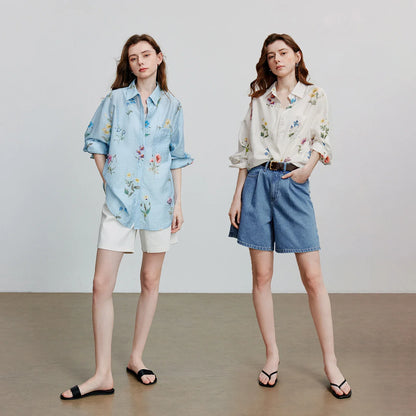 Women Shirts 2026 Summer New Linen Lyocell Print Fresh Mid Length Floral Blouse Tops
