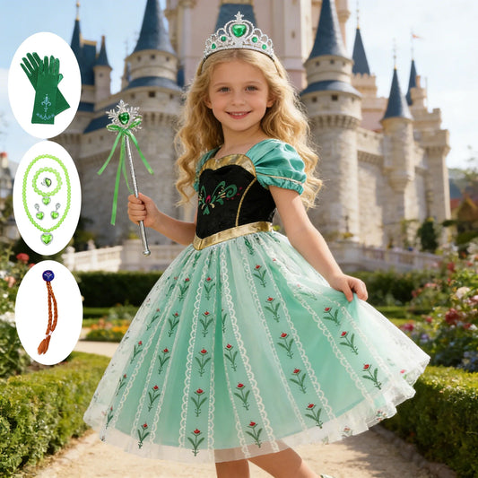 Elsa Anna Dress for Girls Short Sleeve Dress Snow Queen Floral Print Dress Cosplay Birthday Party Children Kids Carnival Clothes