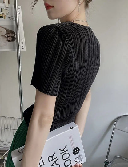 Miyake Pleated Short Sleeve Women's 2023 Summer New Thin Stretch Crew Neck All-Matching Slim Fit Pleated Hollow T-shirt Women