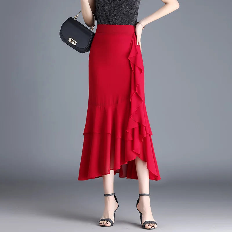 Fashion Irregular Fishtail Chiffon Skirts Elegant High Waist Summer Luxury Party Skirt Female Ruffles Long Skirts