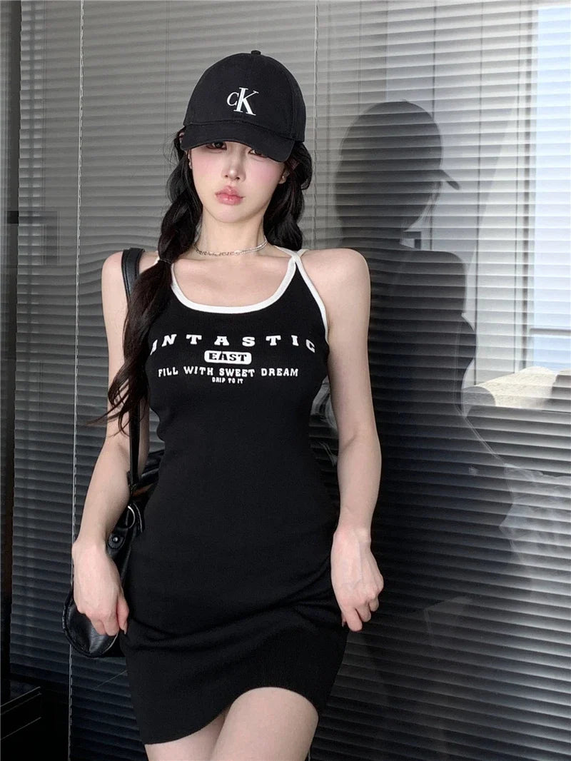 Sexy Spicy Girl Letter Print Knitted ort Dr with Belt Slimming Summer New Arrival Korean Sle A-Line Skirt without Sve