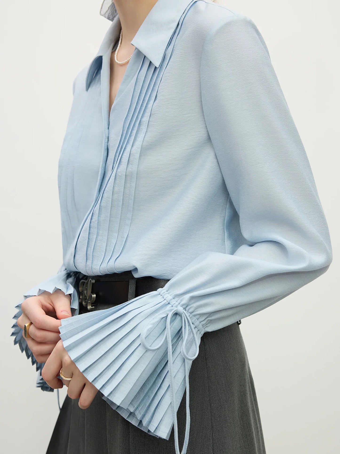 Blue Shirt For Women Spring 2025 New Design French Style Pleated Long Sleeve Chic Shirt Versatile Casual Top 25FS11150