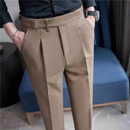 2026 Texture Naples Men's Solid Color Casual Pants Fashion Belt Design Slim Fit Suit Pants Formal Wear Wedding Social Trousers
