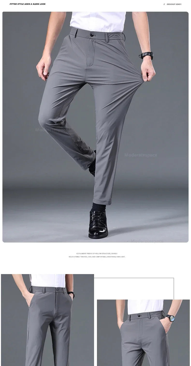 Summer Ultra-thin Casual Pants Men's High Elastic Quick-drying Ice Silk Straight Business Formal Casual Trousers Black Gray