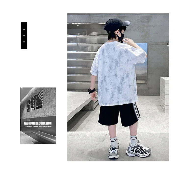 New Casual Boys Cotton Top summer Bottoms Clothes Set for Teenager Child Fashion Outfit Kids T-shirt Shorts Two Pieces Clothing