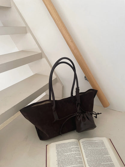 Vintage Large Capacity Suede Tote Bag Designer Trapeze Shoulder Bags for Women Luxury Genuine Leather Handbag and Purse 2026