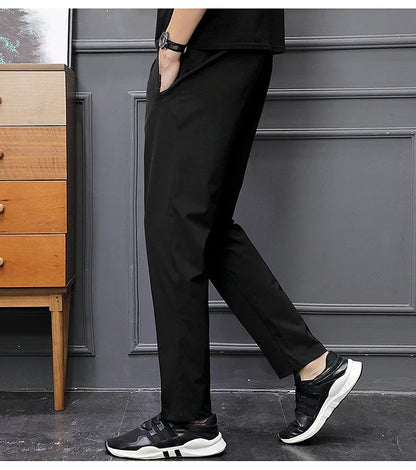 Men's Summer Cargo Pants Big Size Ice Silk Stretch Breathable Straight Leg Pants Quick Dry Elastic Lightweight Long Trousers
