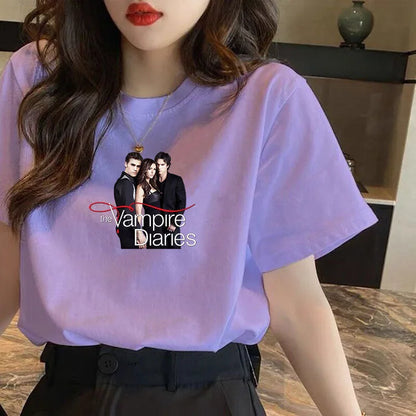 Vampire Diaries Cotton Women Girls Casual Harajuku T-shirt O-neck Short Sleeve Streetwear Ladies Graphic Summer Female T-shirt