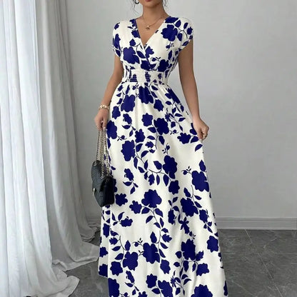 Women's Ditsy Floral V-Neck Sleeveless Waisted Maxi Dress