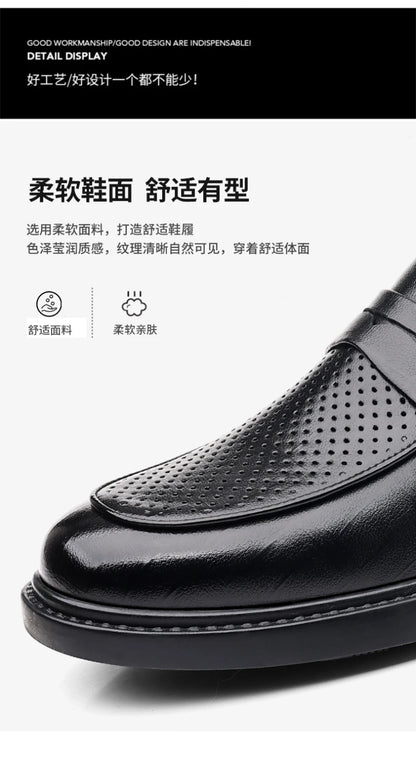 Mens Black Penny Loafers With Perforated Detail Slip On Comfortable Breathable Dress Shoes For Business Office And Summer Wear