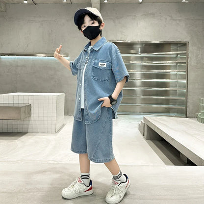 New Casual Kids Child Summer Denim Suit for Teenage Boy High Fashion Short Sleeve Shirt + Shorts 2 Pieces Clothing Set Age 5-14Y
