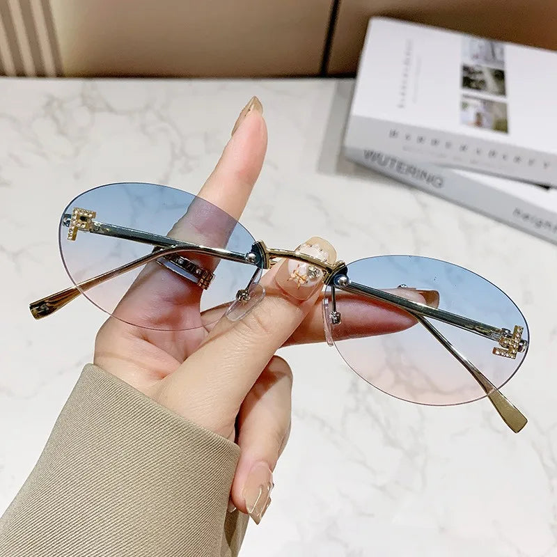 Elegant Diamond Oval Sunglasses Male Letter "F" Rimless Sunglasses  Car Sunglasses  Driving Glasses Sunglasses Women