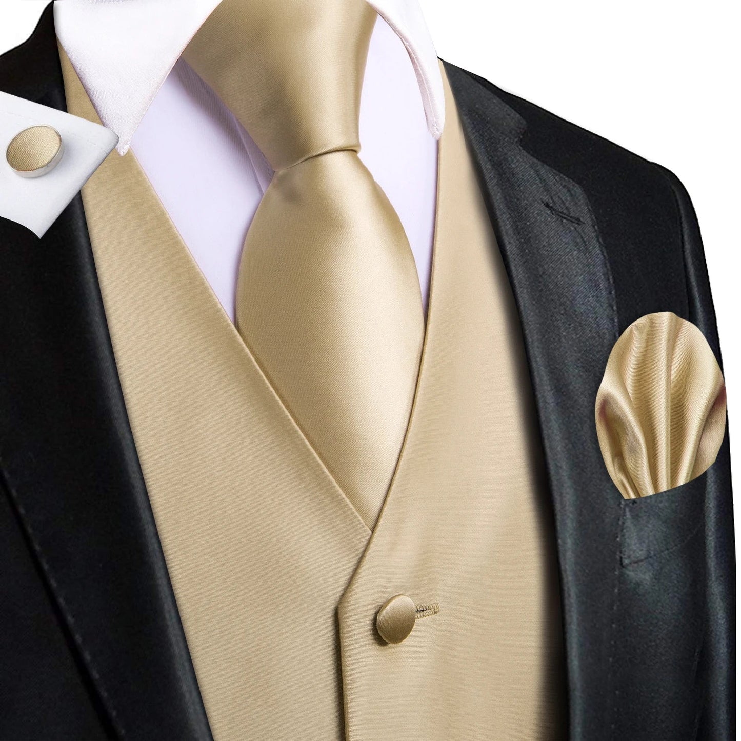 Champagne Mens Vest Tie Set Fashion Paisley Jacquard Western Waistcoat Necktie Hanky Cufflinks Wedding Business Gift Hi-Tie