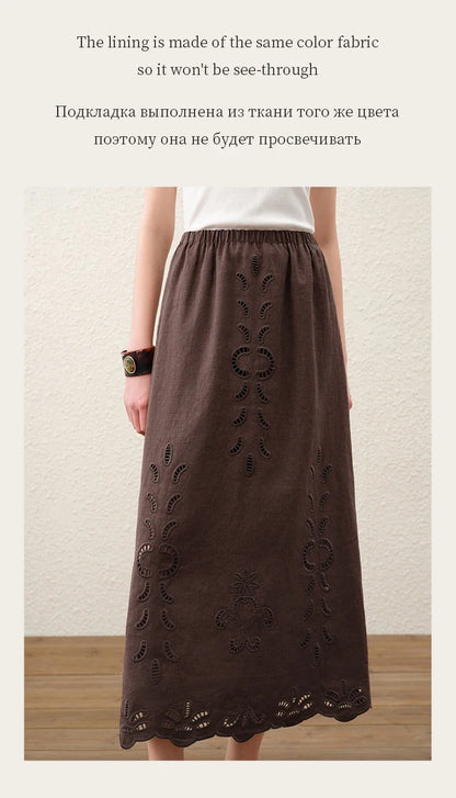 Summer Women Linen Two Piece Set Cut-Out Embroidered Sleeveless Top Midi Skirt Boho Beach Vacation Style