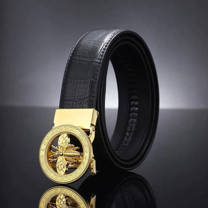 High-End Men's Casual Leather Belt; Small Bee Automatic Buckle Belt; Business Versatile Bamboo Texture Belt.