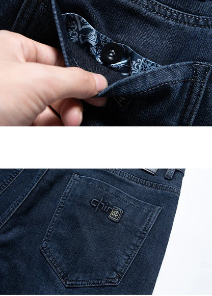 Winter Classic Business Men's Fleece Warm Jeans Straight Stretch Casual Thicken Denim Trousers Washed Fashion Velvet Male Pants